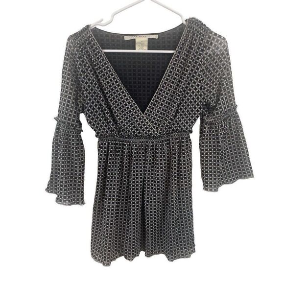 American Vintage Y2K Mesh Max Studio 3/4 Sleeve Top Size XS/S Tunic‎ Black White - Picture 1 of 8